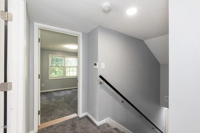 staircase featuring a textured ceiling, carpet floors, and lofted ceiling