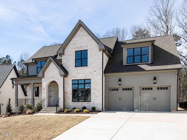 view of front of house featuring a garage, roof with shingles, driveway, and brick siding