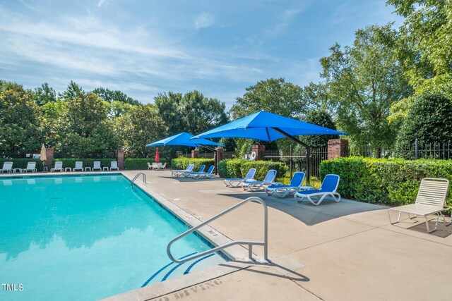 view of swimming pool with a patio area