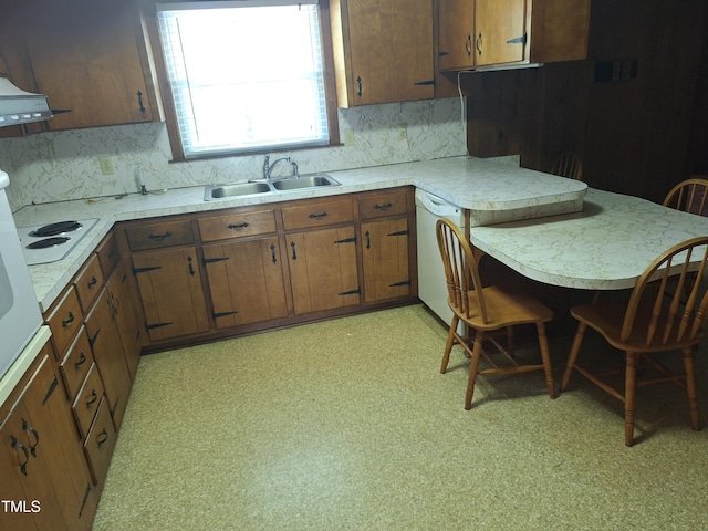 1917 New Hill Olive Chapel Rd, New Hill, NC 27562 - kitchen with a sink, white appliances, light countertops, and backsplash