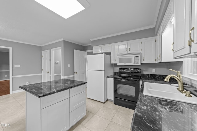 kitchen with white cabinetry, crown molding, white appliances, and sink