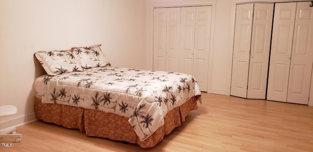 bedroom featuring wood-type flooring and two closets