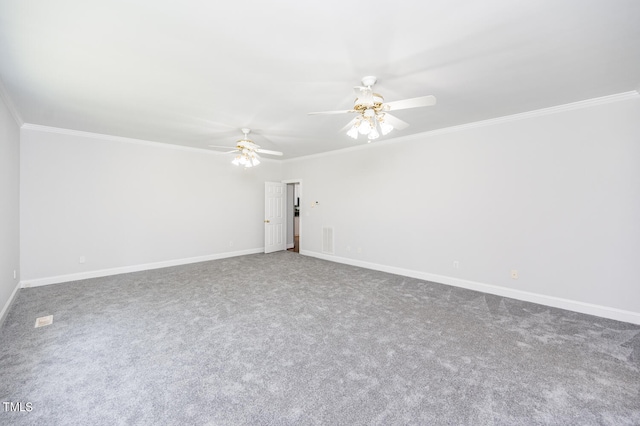 carpeted empty room with ornamental molding and ceiling fan