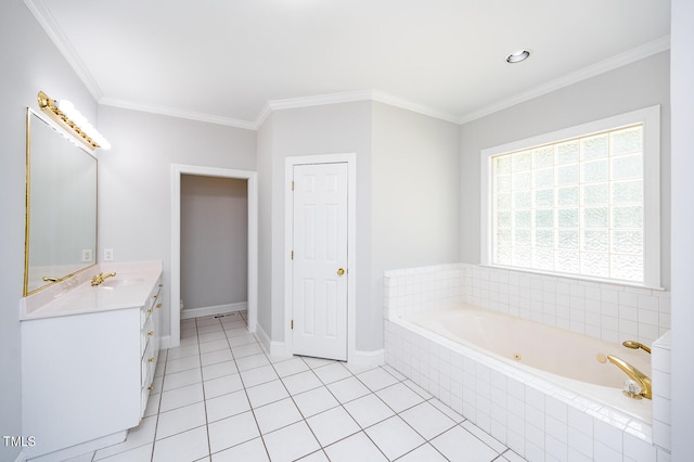 bathroom with a relaxing tiled tub, tile patterned floors, vanity, and ornamental molding