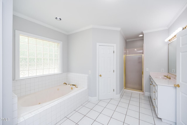 bathroom with separate shower and tub, tile patterned floors, vanity, and ornamental molding