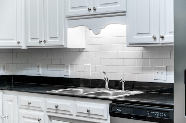 kitchen featuring white cabinets, dishwasher, tasteful backsplash, and sink