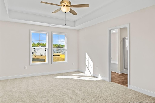 unfurnished room featuring light carpet, a raised ceiling, and ceiling fan