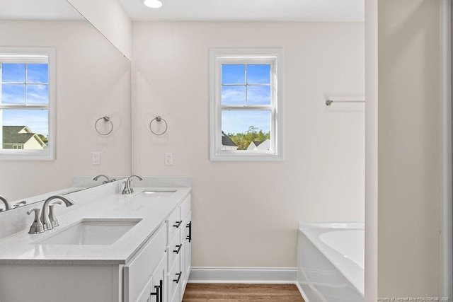 bathroom with hardwood / wood-style floors, vanity, plenty of natural light, and a washtub