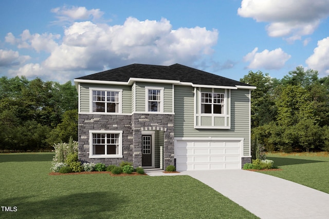 view of front of home featuring a garage and a front lawn