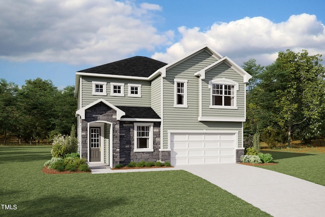 view of front of property featuring a garage and a front lawn