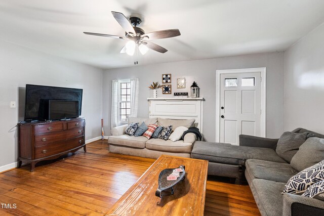 living room with ceiling fan and wood-type flooring