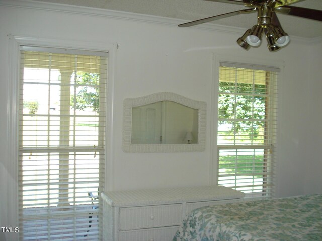 bedroom featuring multiple windows, ceiling fan, and crown molding