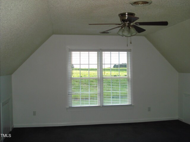 additional living space featuring ceiling fan, a textured ceiling, and vaulted ceiling