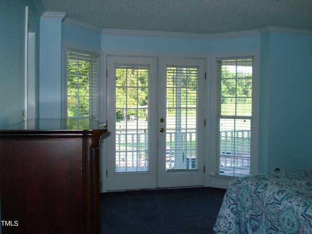 unfurnished bedroom featuring crown molding, a textured ceiling, and access to outside