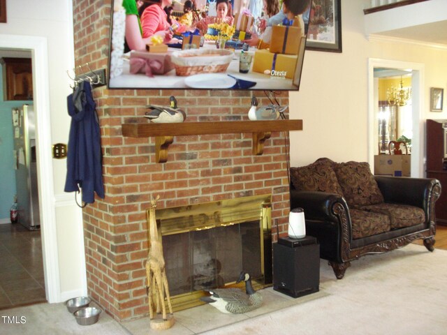 tiled living room featuring a fireplace and ornamental molding