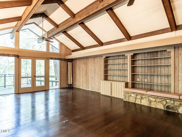 interior space featuring dark hardwood / wood-style floors, beam ceiling, french doors, high vaulted ceiling, and ceiling fan