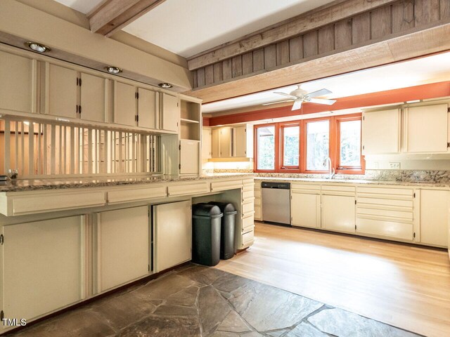 kitchen featuring beamed ceiling, sink, wood-type flooring, ceiling fan, and stainless steel dishwasher