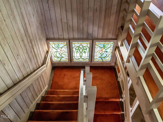 stairs with wood ceiling, carpet, and wooden walls