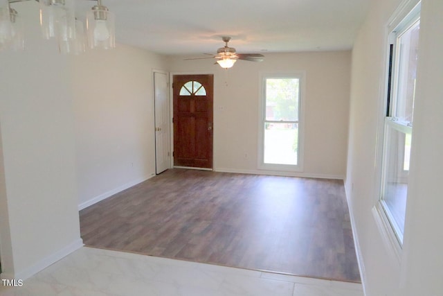 entryway featuring ceiling fan and light wood-type flooring