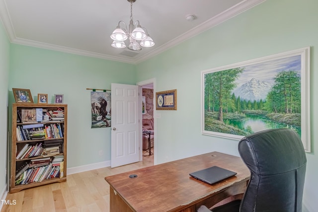 office space featuring baseboards, an inviting chandelier, crown molding, and light wood finished floors