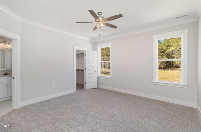 unfurnished bedroom with light colored carpet, ornamental molding, sink, and multiple windows