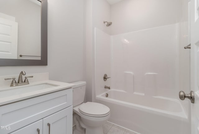 full bathroom with tile patterned flooring, toilet, vanity, and  shower combination