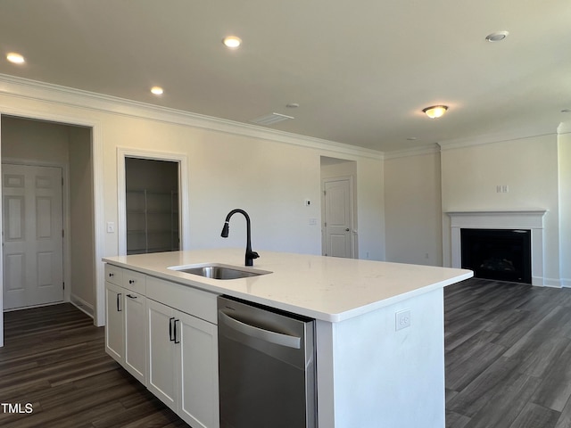 kitchen with sink, dishwasher, white cabinetry, ornamental molding, and an island with sink