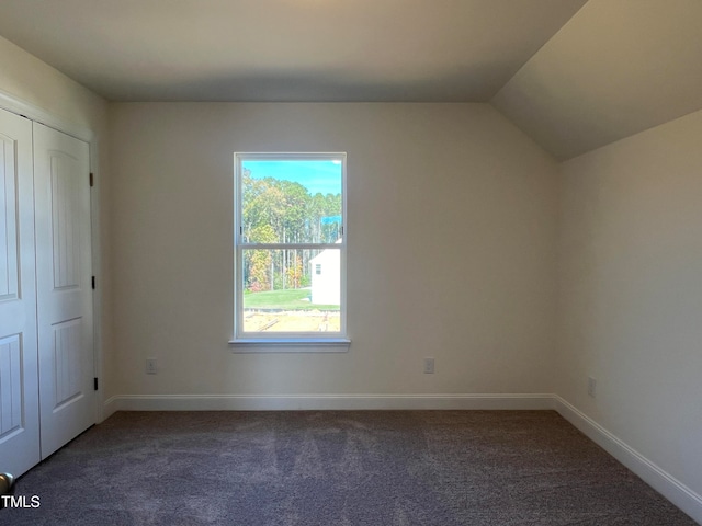 interior space with vaulted ceiling and dark carpet