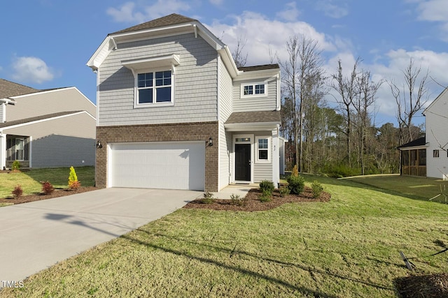 82 Gander Dr, Benson, NC 27504 - view of front facade with brick siding, a front yard, concrete driveway, and an attached garage