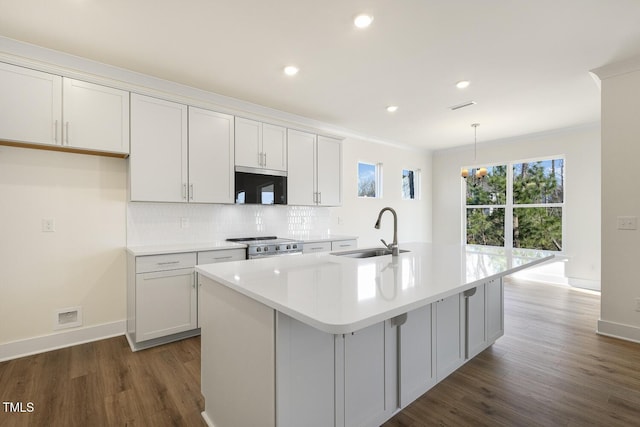82 Gander Dr, Benson, NC 27504 - kitchen with visible vents, black microwave, decorative backsplash, stainless steel range with electric cooktop, and a sink