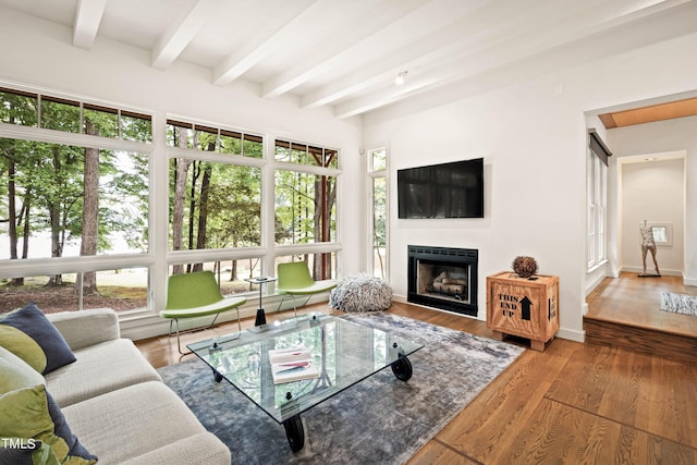 living area featuring beamed ceiling, a healthy amount of sunlight, a fireplace, and wood finished floors