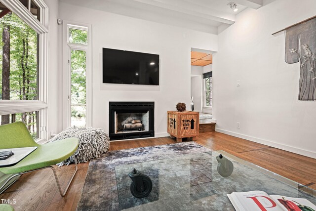 living room with beam ceiling, hardwood / wood-style floors, and a wealth of natural light