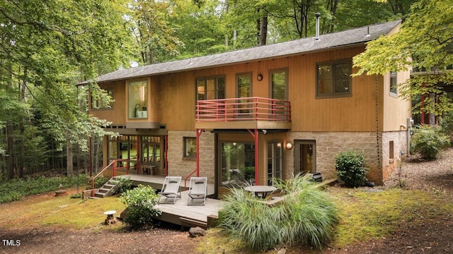 4416 Arrowhead Trl, Hillsborough, NC 27278 - rear view of house with a balcony, a wooden deck, and roof with shingles