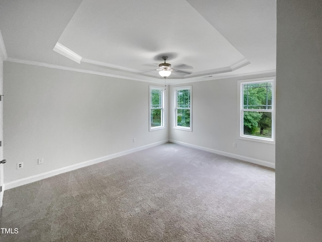 unfurnished room featuring ceiling fan, carpet flooring, ornamental molding, and a tray ceiling