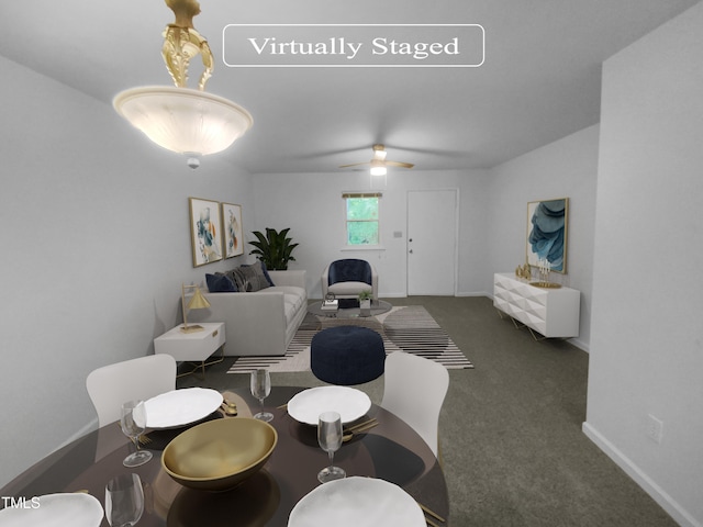 carpeted dining area with ceiling fan