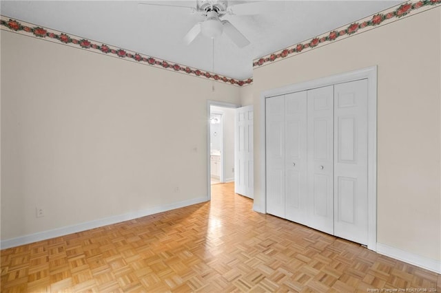 unfurnished bedroom featuring ceiling fan and light parquet floors