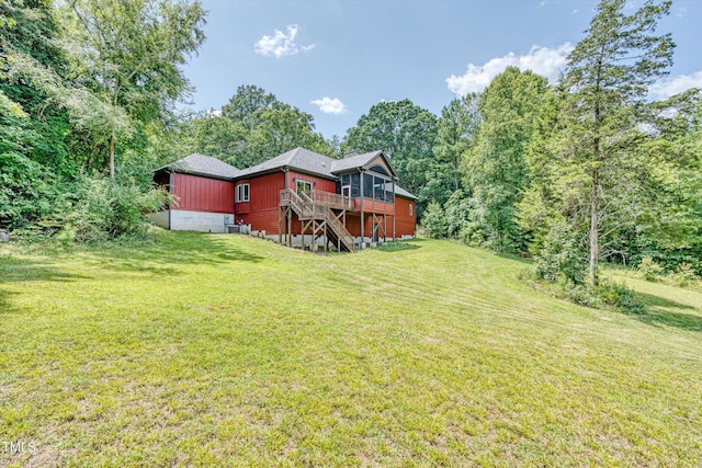 3240 Hillcastle Trl, Chapel Hill, NC 27516 - view of grassy yard with a deck and stairway