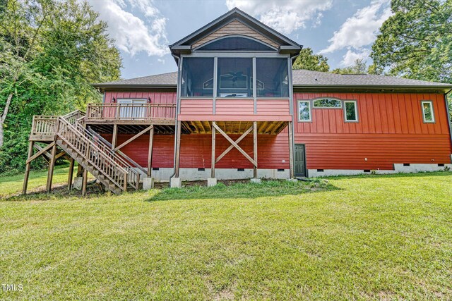 3240 Hillcastle Trl, Chapel Hill, NC 27516 - back of property with crawl space, a sunroom, a wooden deck, stairs, and a yard