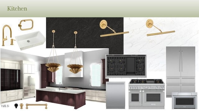 kitchen with range with two ovens, a sink, a kitchen island with sink, and light countertops
