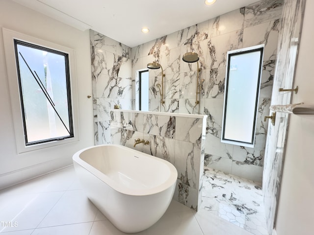 7208 Tanbark Way, Raleigh, NC 27615 - full bathroom featuring a soaking tub, recessed lighting, tiled shower, and tile walls