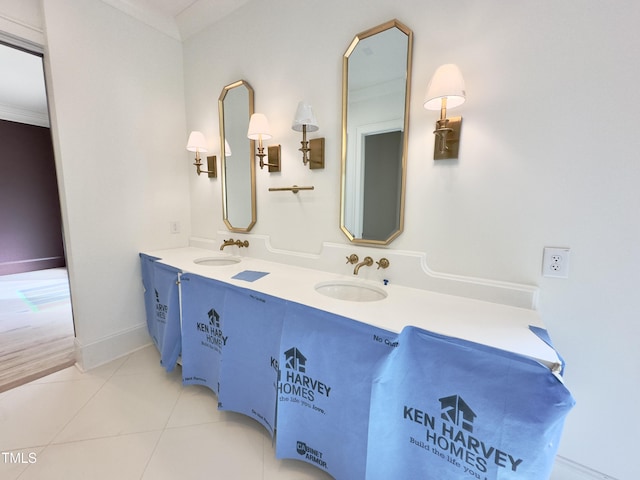 7208 Tanbark Way, Raleigh, NC 27615 - full bath featuring double vanity, tile patterned flooring, and ornamental molding