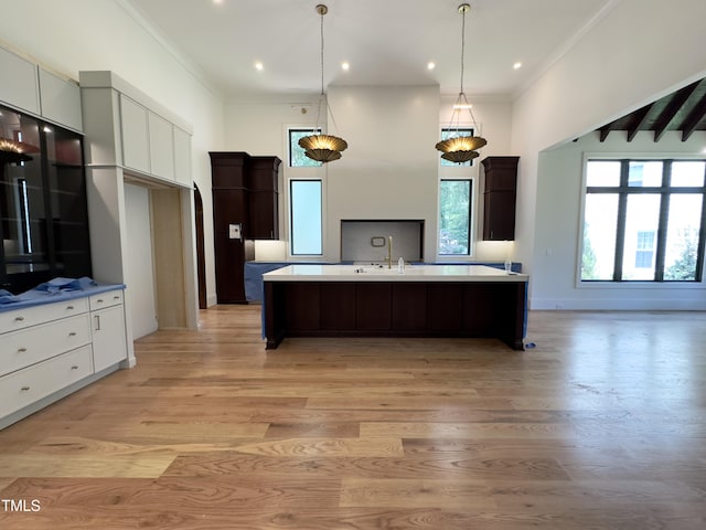 7208 Tanbark Way, Raleigh, NC 27615 - kitchen with a kitchen island with sink, light wood finished floors, ornamental molding, light countertops, and modern cabinets