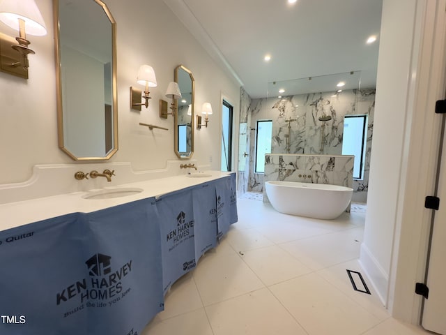 7208 Tanbark Way, Raleigh, NC 27615 - bathroom with a marble finish shower, double vanity, a soaking tub, recessed lighting, and tile patterned floors