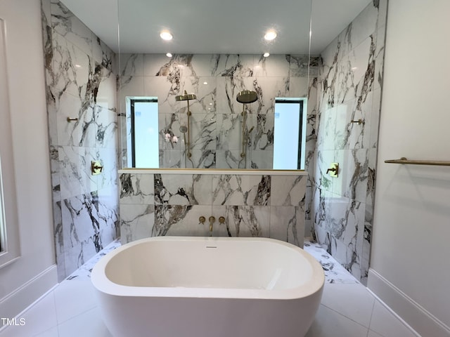 7208 Tanbark Way, Raleigh, NC 27615 - bathroom featuring a freestanding tub and a tile shower