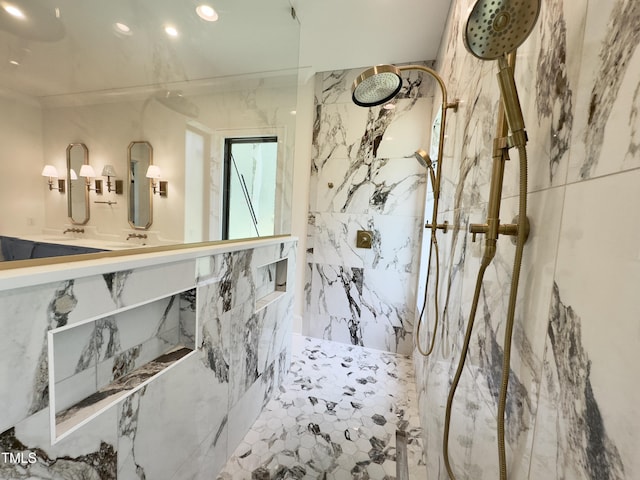 7208 Tanbark Way, Raleigh, NC 27615 - full bathroom featuring a marble finish shower and recessed lighting