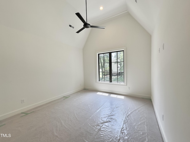 7208 Tanbark Way, Raleigh, NC 27615 - empty room featuring carpet flooring, ceiling fan, high vaulted ceiling, and recessed lighting