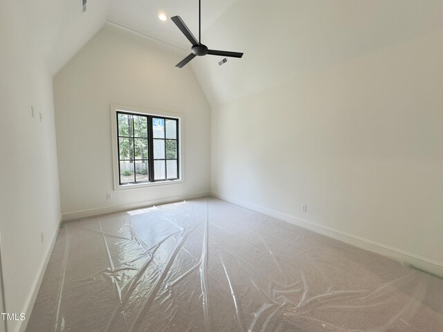 7208 Tanbark Way, Raleigh, NC 27615 - carpeted empty room with lofted ceiling, a ceiling fan, and recessed lighting
