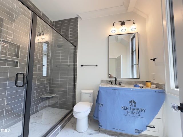 7208 Tanbark Way, Raleigh, NC 27615 - full bathroom with marble look tile flooring, a stall shower, and vanity