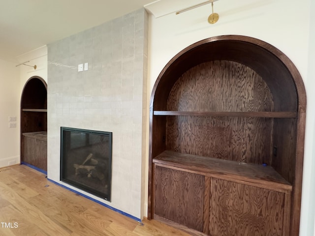 7208 Tanbark Way, Raleigh, NC 27615 - detailed view of wood finished floors, a fireplace, and built in shelves