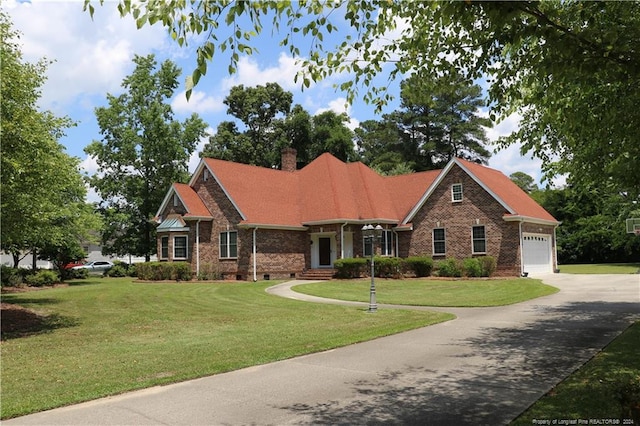 view of front of home featuring brick siding, a chimney, concrete driveway, crawl space, and a front lawn